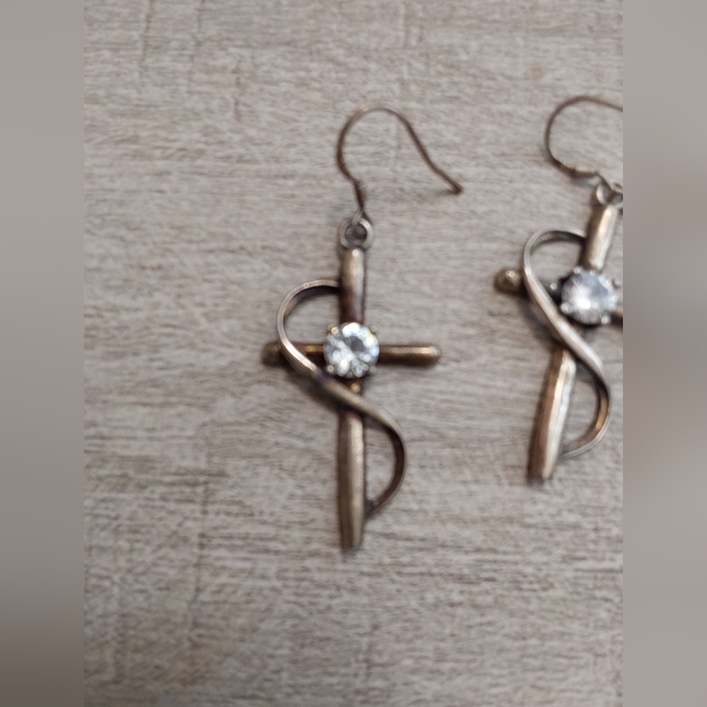 Vintage Christian Sterling Silver Cross Earrings with Clear Stone - Picture 2 of 4